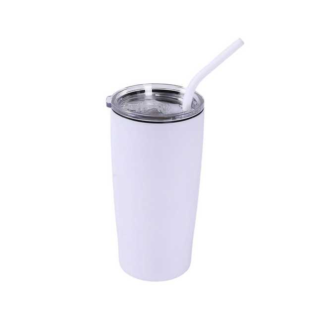 White 20 oz insulated tumbler with matching straw and clear slide lid.