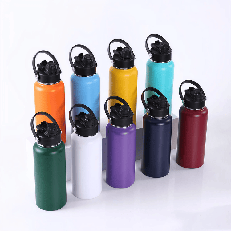 Assorted powder-coated 32 oz bottles arranged in staggered rows.