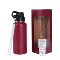 Maroon 32 oz water bottle with handled lid, gift box, and straws.