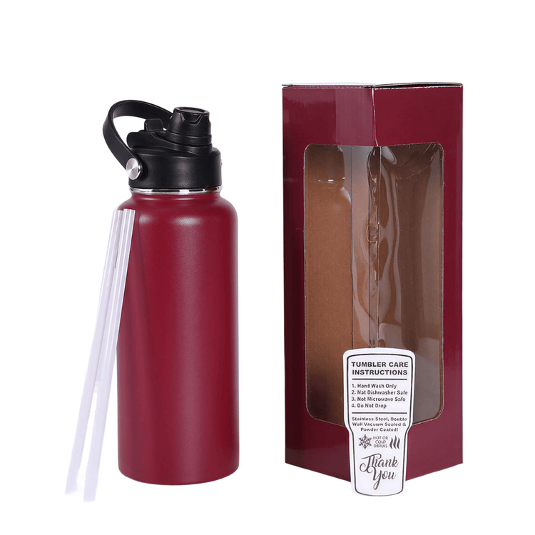 Maroon 32 oz water bottle with handled lid, gift box, and straws.