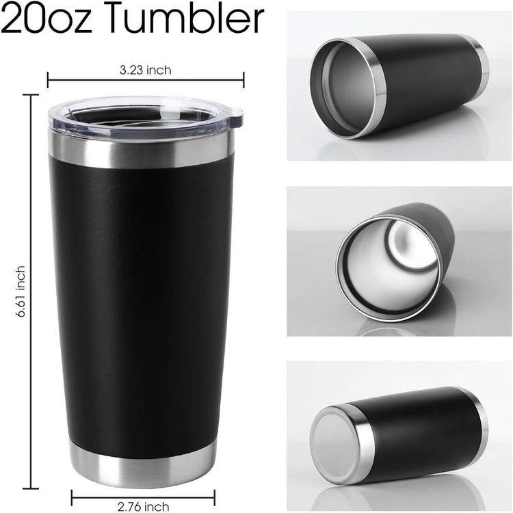 Black 20 oz tumbler dimensions and detail views