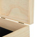 Close-up of the interior hinge on a natural wood memory box.