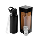 Black 32 oz water bottle with window gift box and two clear straws.