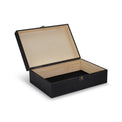 Extra-large black wood memory box shown open with natural interior.