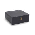 Large black wood memory box shown closed against white.