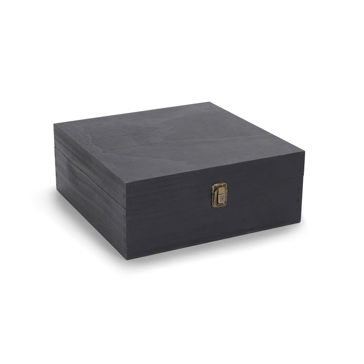 Large black wood memory box shown closed against white.
