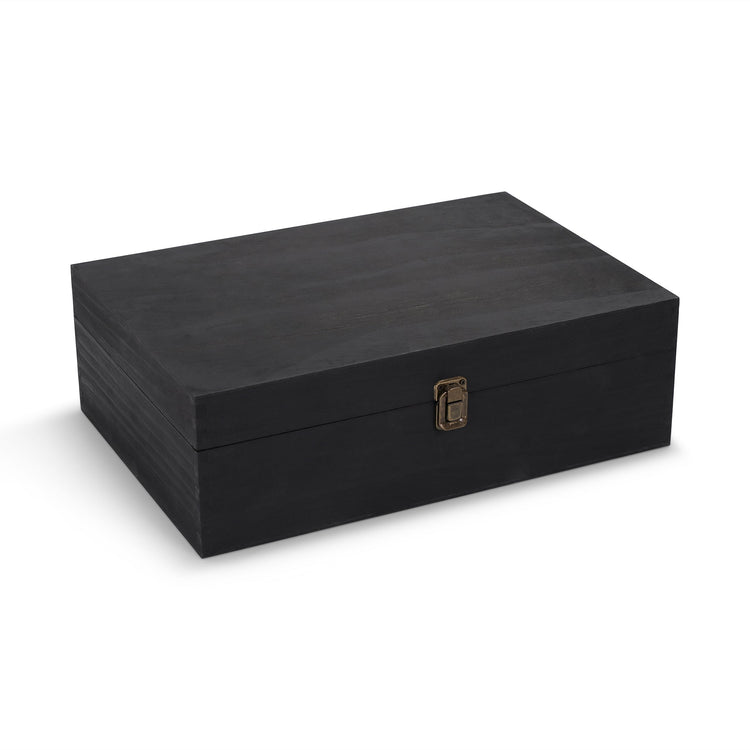 Extra-large black wood memory box shown closed against white.