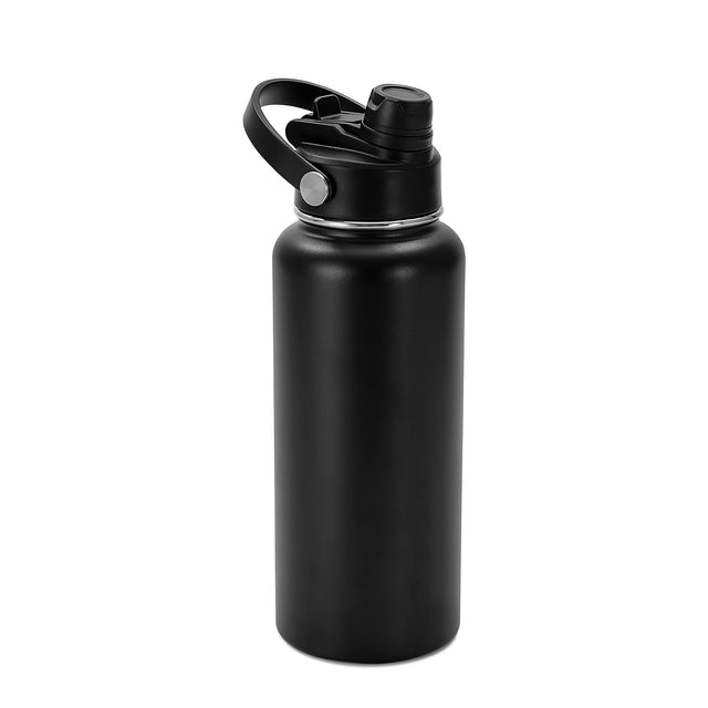 Black 32 oz insulated water bottle with handled dual-spout lid.