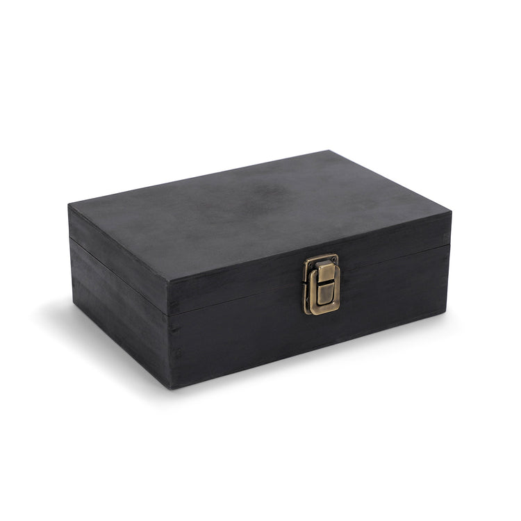 Medium black wood memory box shown closed with metal clasp.