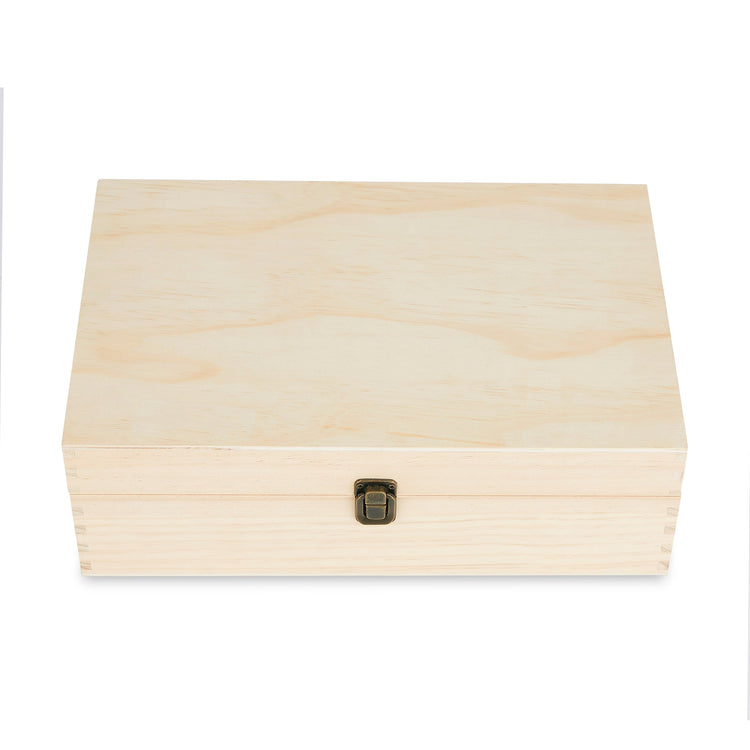 Extra-large natural wood memory box shown closed against white.