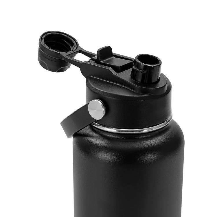 Close-up of the chug spout on a black 32 oz water bottle.