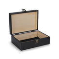 Medium black wood memory box shown open with natural wood interior.