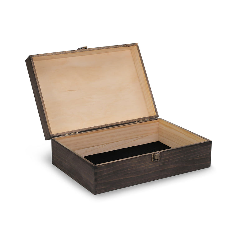 Extra-large walnut wood memory box shown open with natural interior.