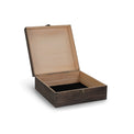 Large walnut wood memory box shown open with natural interior.
