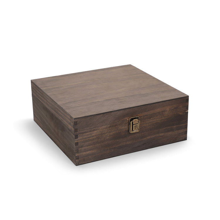 Large walnut wood memory box shown closed against white.