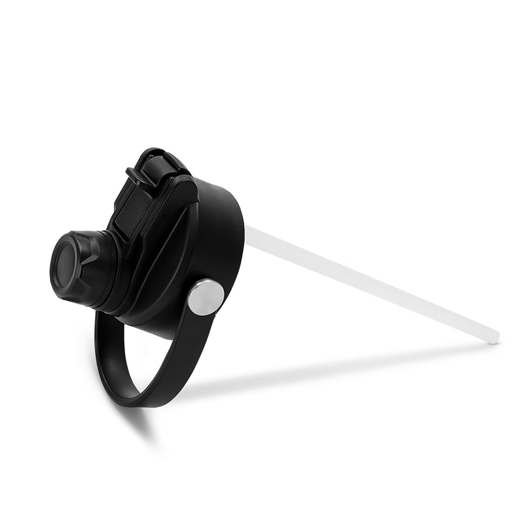 Dual-spout bottle lid shown with its clear drinking straw.
