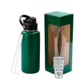 Green 32 oz water bottle with window gift box and two clear straws.