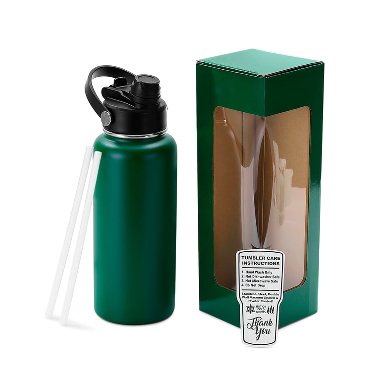 Green 32 oz water bottle with window gift box and two clear straws.