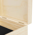 Close-up of the hinge inside a large natural wood box.