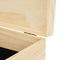 Close-up of the hinge inside an extra-large natural wood box.