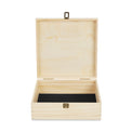 Large natural wood memory box open to show black felt lining.