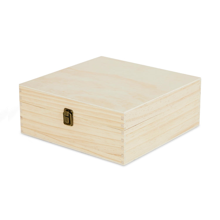Large natural wood memory box shown closed at an angle.