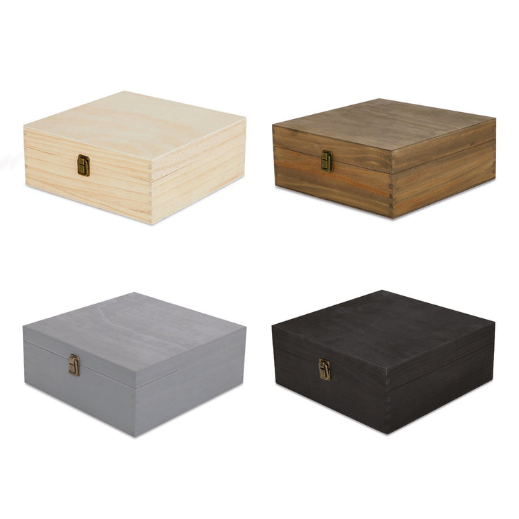 Large memory boxes displayed in natural, walnut, gray, and black.