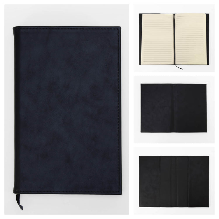 Black journal notebook shown closed with cover and page details.