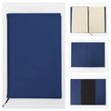 Blue journal notebook shown closed with cover and page details.
