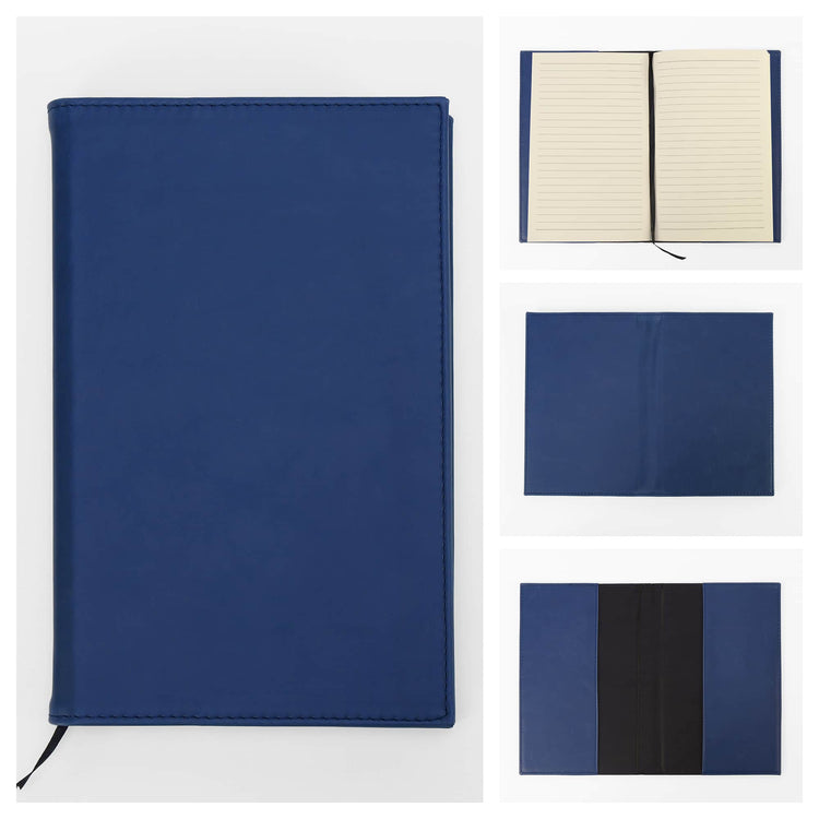 Blue journal notebook shown closed with cover and page details.