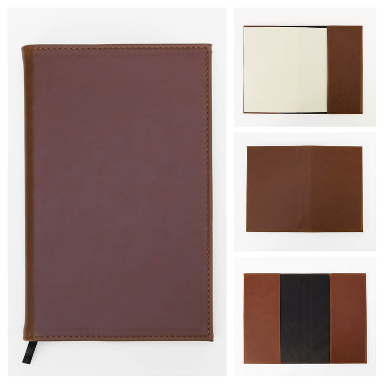 Brown journal notebook with stitched cover and lined pages.