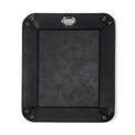 Black valet tray shown flat with its corner snaps open.