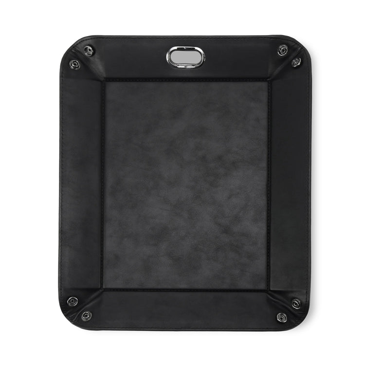 Black valet tray shown flat with its corner snaps open.