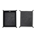 Black valet tray shown both assembled and laid flat.