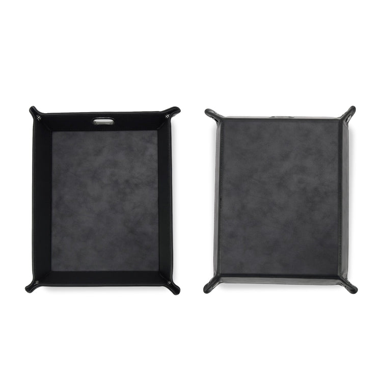 Black valet tray shown both assembled and laid flat.