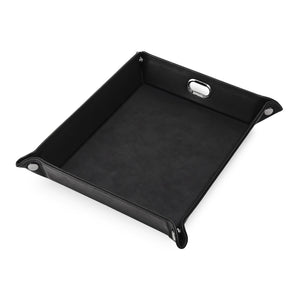 Black snap-corner valet tray assembled against white.