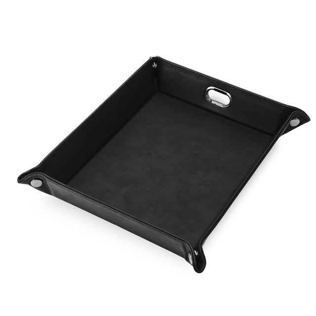 Black snap-corner valet tray assembled against white.