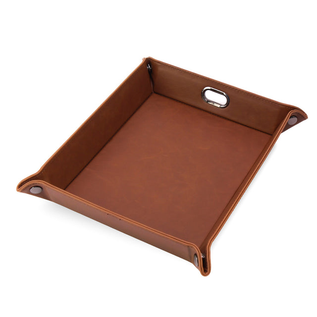 Brown snap-corner valet tray assembled against white.