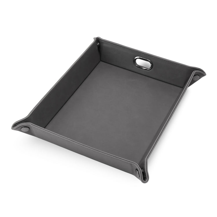Gray snap-corner valet tray assembled against white.