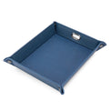 Navy snap-corner valet tray assembled against white.