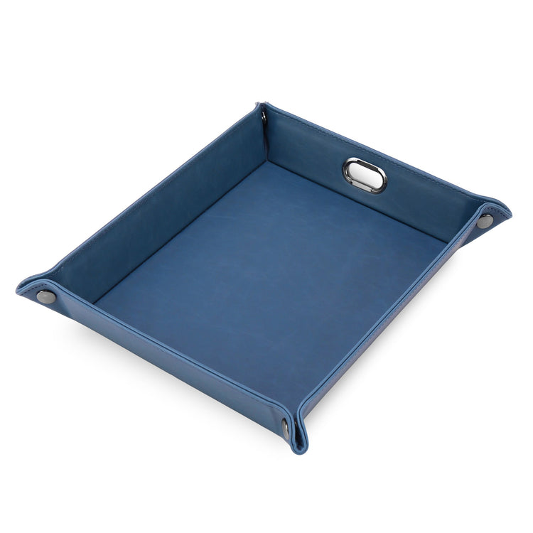 Navy snap-corner valet tray assembled against white.