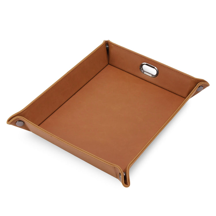 Rawhide snap-corner valet tray assembled against white.