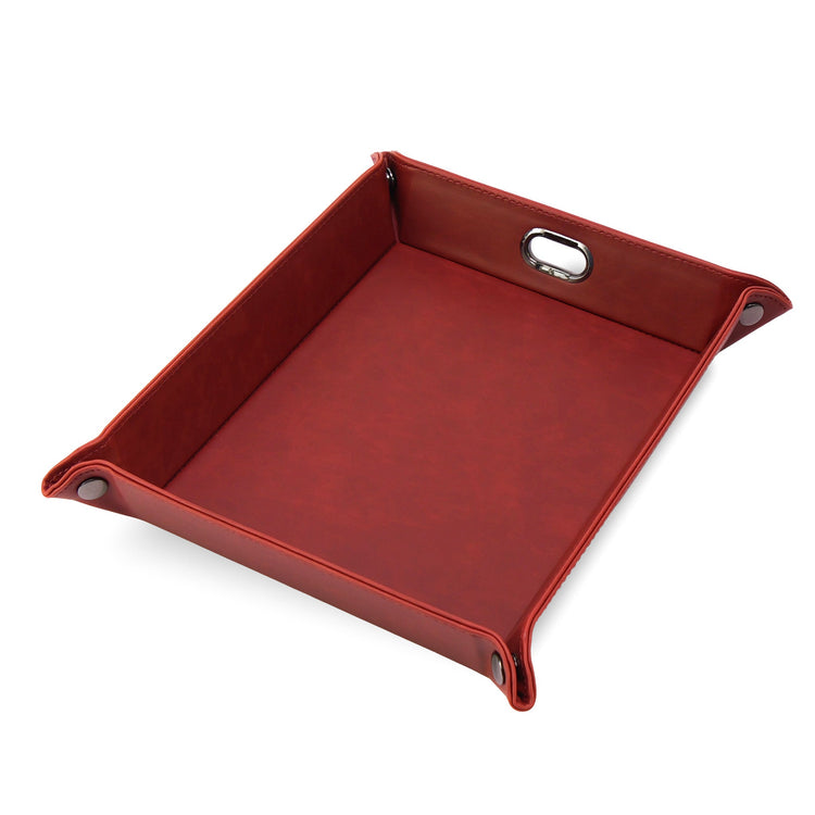 Red snap-corner valet tray assembled against white.