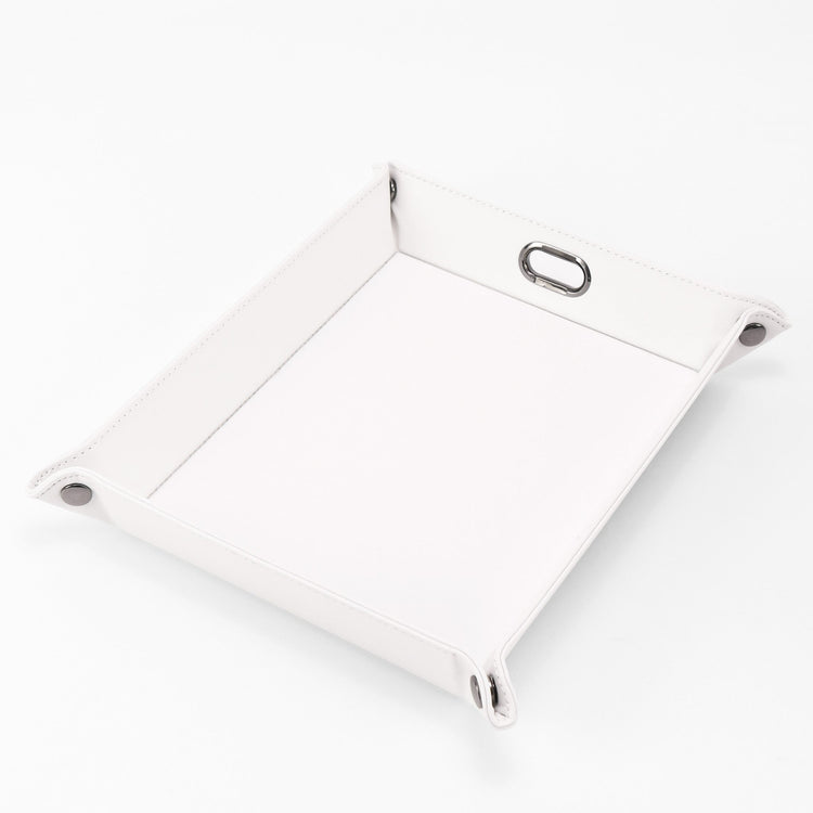 White snap-corner valet tray assembled against white.