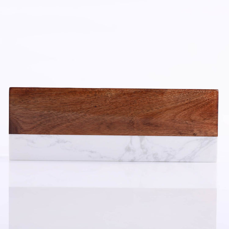 Marble and wood desk organizer shown straight on against white.