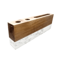 Angled view of the marble and acacia desk organizer against white.