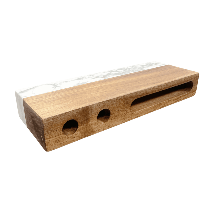 Top view of the acacia wood card slot and pen openings.