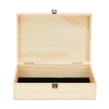 Extra-large natural wood memory box shown open with felt lining.