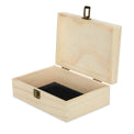 Open natural wood memory box with black felt lining.