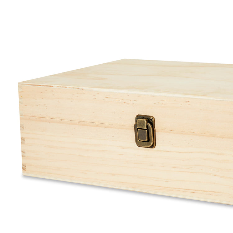 Extra-large natural pine memory box shown closed with clasp.